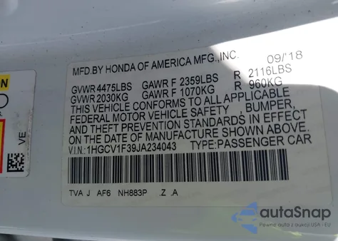 2018 Honda Accord Sport из США, поврежденный, VIN 1HGCV1F39JA234043